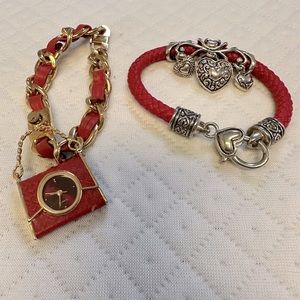 2 red charm bracelets . One with hearts one with a charm purse.